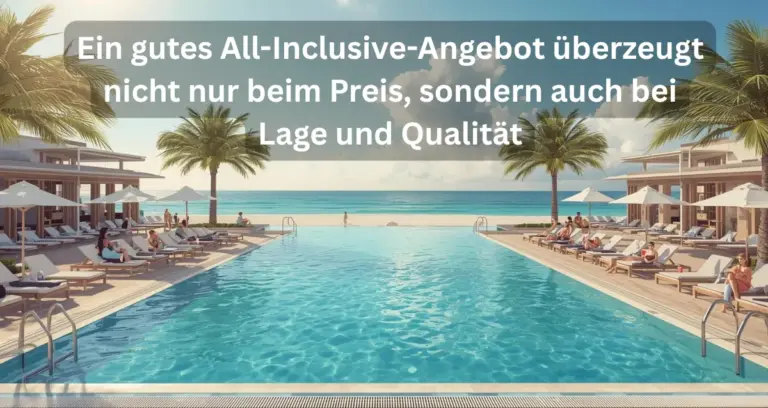 Modernes All-Inclusive-Strandresort mit Pool, Sonnenliegen und Meerblick bei sonnigem Wetter