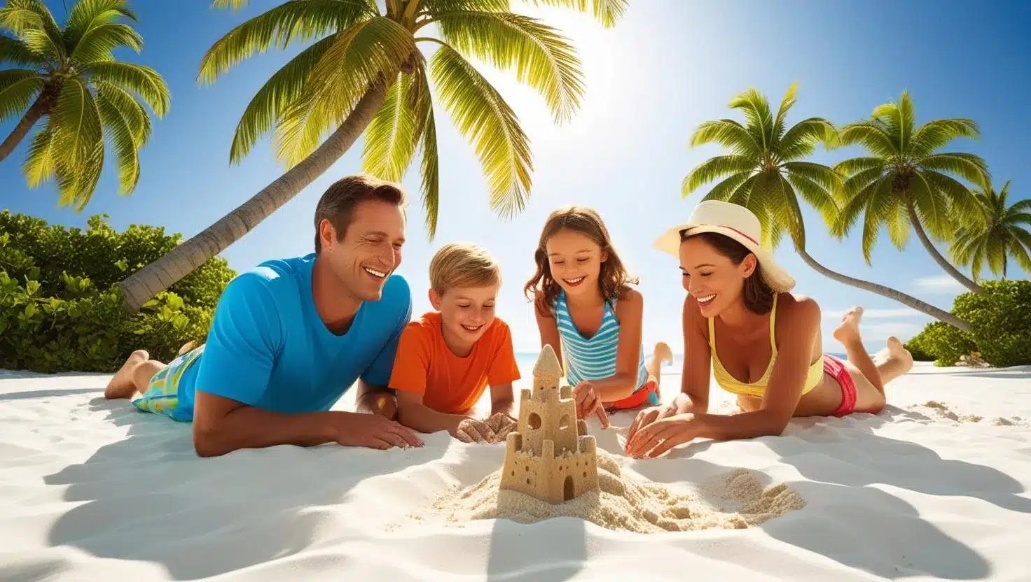 Sonnenklar.tv Angebote_ Eine Familie entspannt am Strand unter Palmen.