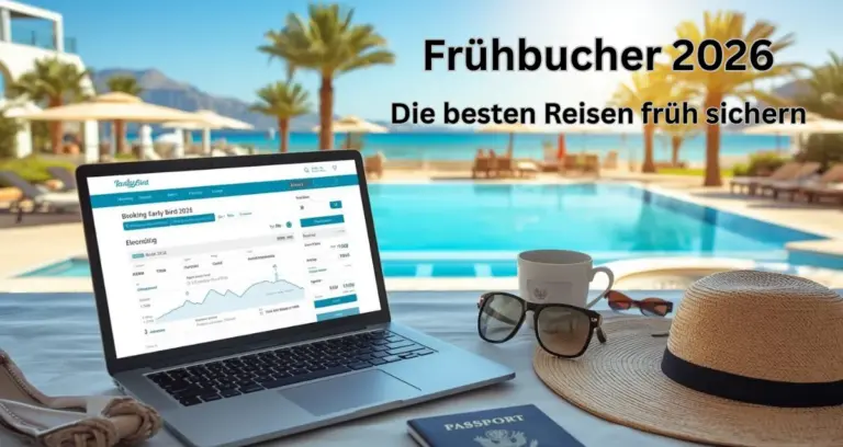 Frühbucher 2026 Reiseplanung mit Laptop, Reisepass und sommerlichem Resort im Hintergrund