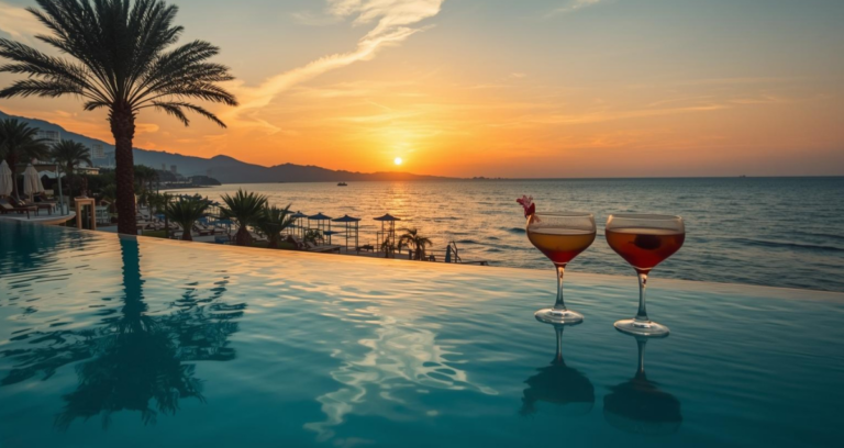 Last Minute Türkei All Inclusive Resort bei Sonnenuntergang in Antalya mit Pool und Strand