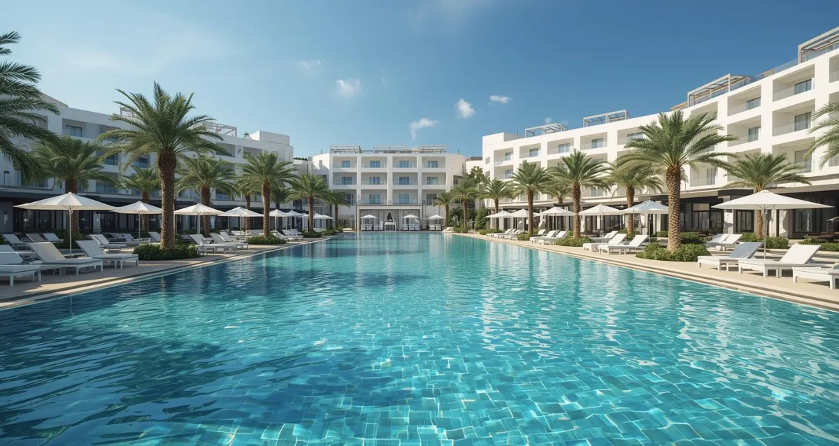 5 Sterne Resort 2026 – Luxusurlaub am Mittelmeer mit Poolanlage Modernes 5 Sterne Resort mit großer Poolanlage und Palmen am Mittelmeer