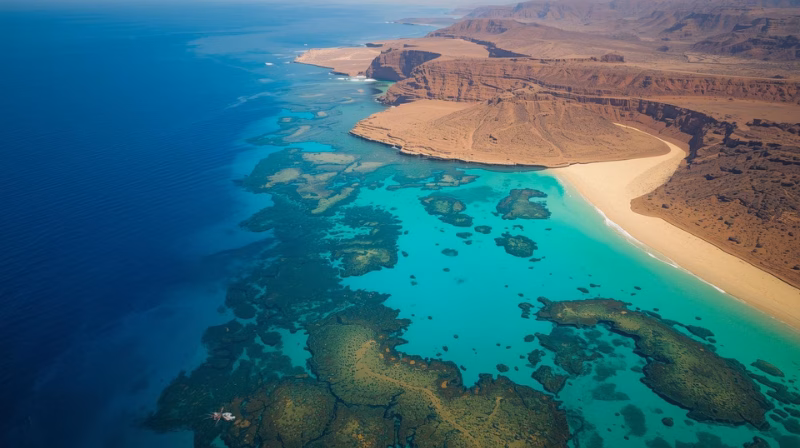 Küste des Ras Mohammed Nationalparks nahe Sharm el Sheikh mit türkisblauem Meer und sichtbaren Korallenriffen – Top-Spot für Schnorcheln und Tauchen in Ägypten.