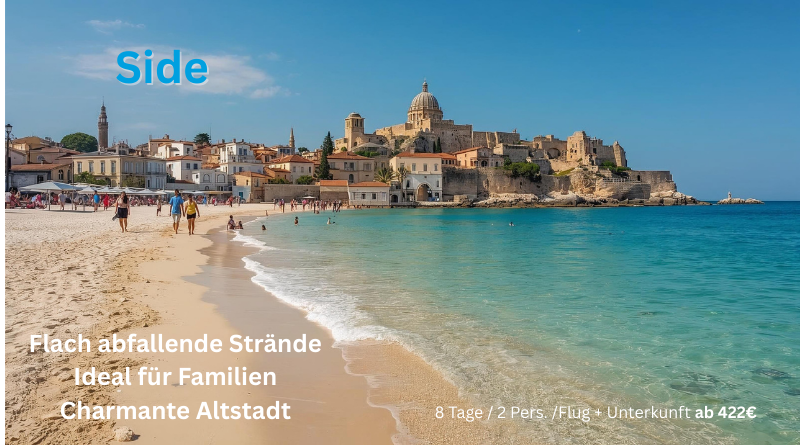 Flach abfallender Sandstrand in Side mit klarem Wasser und mediterraner Küstenlandschaft. Strandpromenade in Side mit Blick auf das Meer und historische Altstadt im Hintergrund.