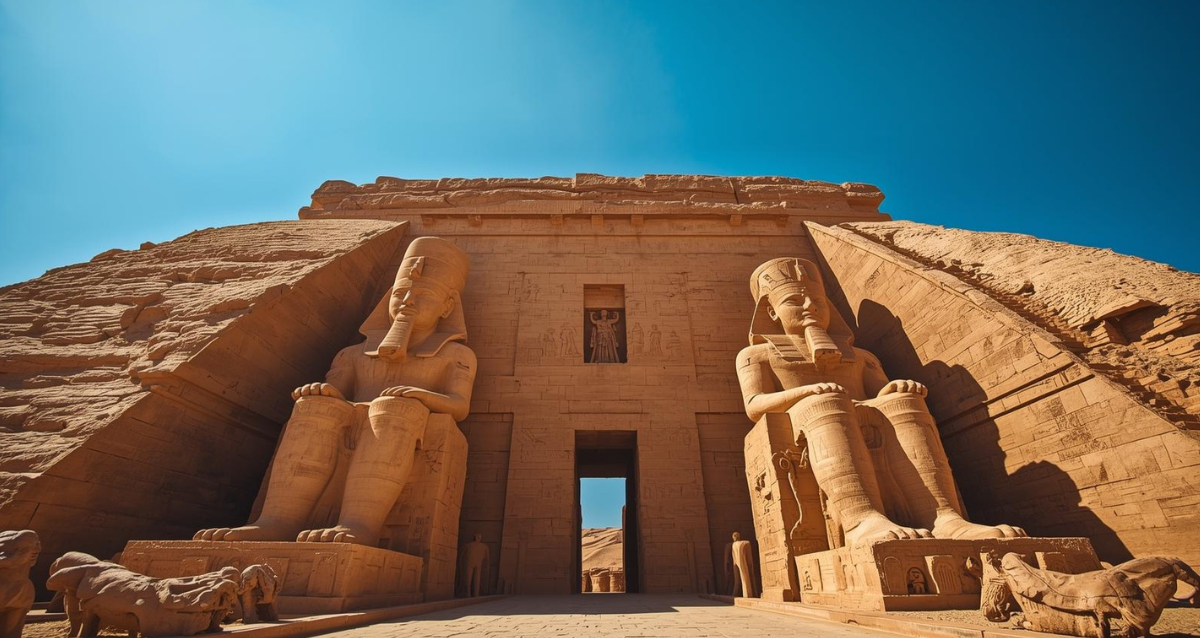Abu Simbel Tempel mit vier Ramses Statuen als berühmte Ägypten Sehenswürdigkeit