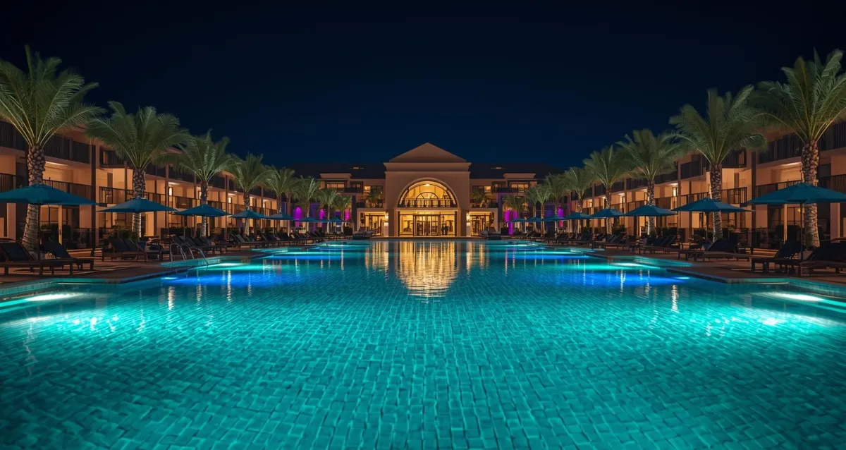 Beleuchtetes Erwachsenenhotel mit luxuriöser Poollandschaft bei Nacht