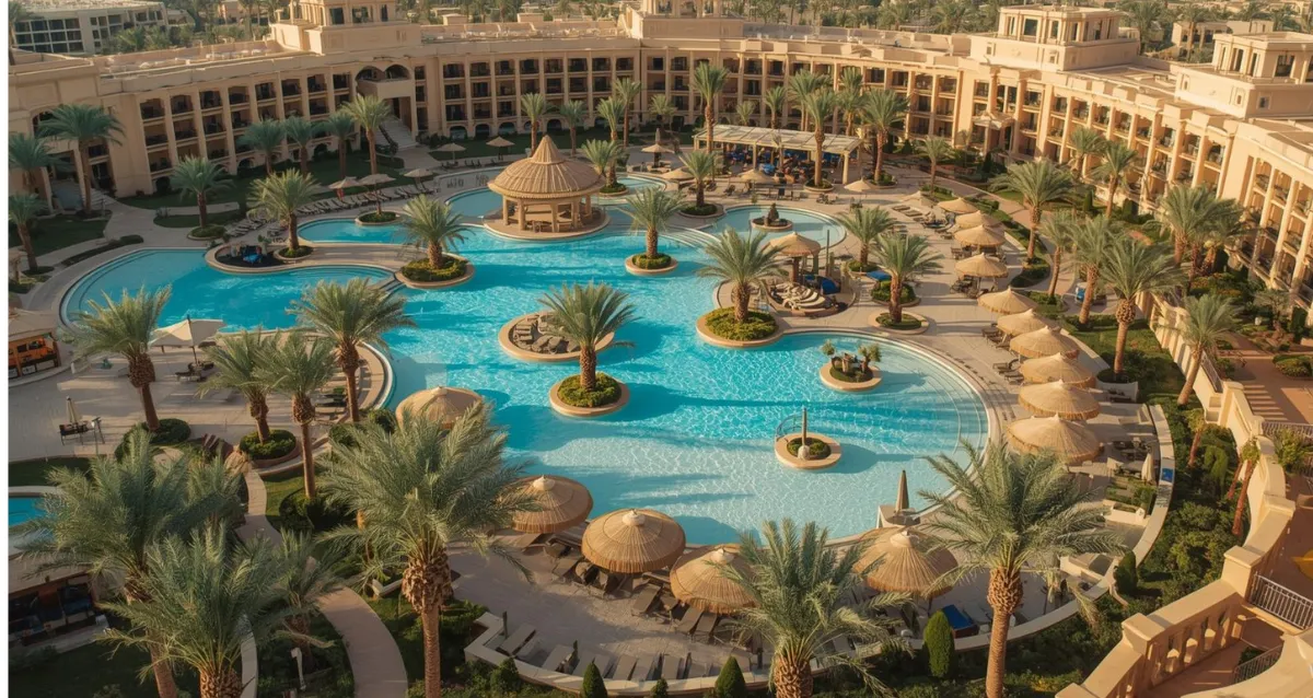 Ägypten All Inclusive Hotelanlage mit Lagunenpool Große All Inclusive Hotelanlage in Ägypten mit Lagunenpool und Palmen