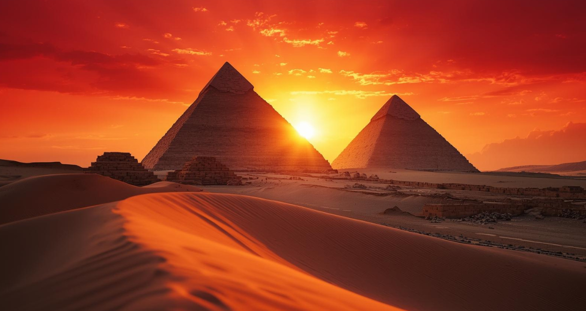 Ägypten Sehenswürdigkeiten mit Pyramiden von Gizeh bei Sonnenuntergang in der Wüste