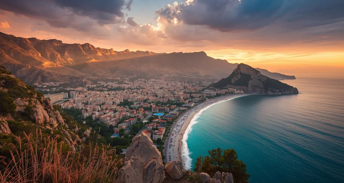 Alanya Küstenpanorama – Perfekt für Billig Reisen All Inclusive Alanya Küste bei Sonnenuntergang – günstiger All Inclusive Urlaub Türkei