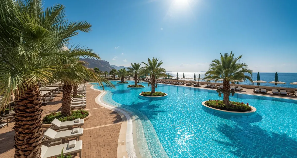 Premium All Inclusive Resort mit Poolanlage und Meerblick All Inclusive Resort mit großer Poollandschaft und Palmen am Mittelmeer