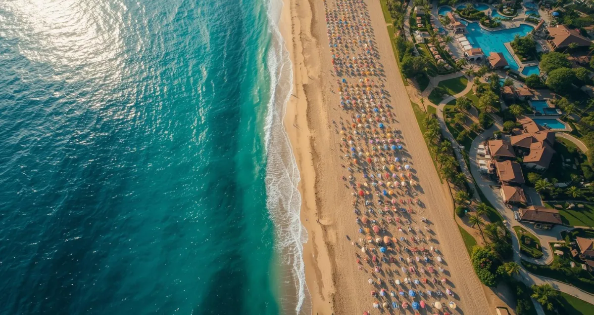 Billig Reisen All Inclusive – Strandresort an der Türkischen Riviera Billig Reisen All Inclusive Türkei Strandresort mit Liegen und türkisblauem Meer