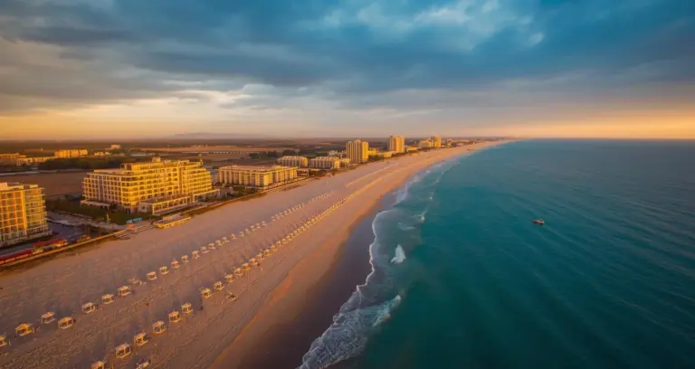 Panorama vom Bulgarien Sonnenstrand bei Sonnenuntergang mit Hotels und Schwarzem Meer