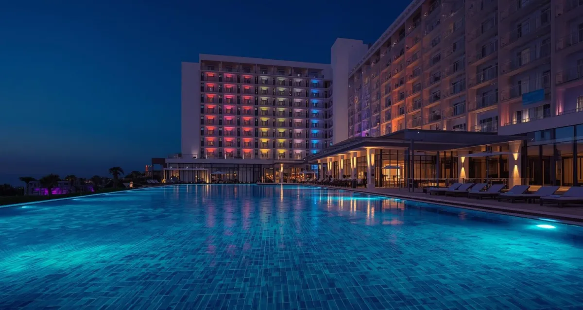 Modernes Erwachsenenhotel mit Infinity Pool und beleuchteter Fassade bei Nacht – Adults Only Resort