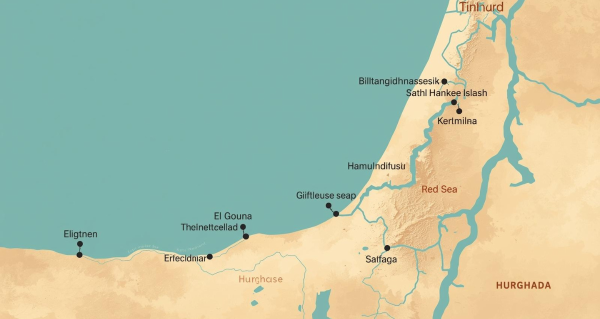 Hurghada Lage am Roten Meer – Übersichtskarte der Region Hurghada Lagekarte am Roten Meer mit El Gouna, Giftun Insel und Sahl Hasheesh