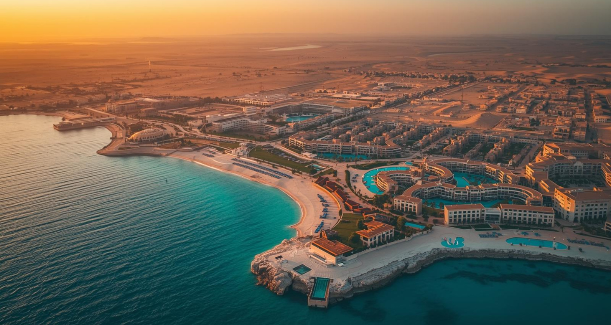 Hurghada Küste von oben – Sonne, Meer & Luxusresorts Hurghada Luftaufnahme mit Resorts und türkisblauem Roten Meer bei Sonnenuntergang