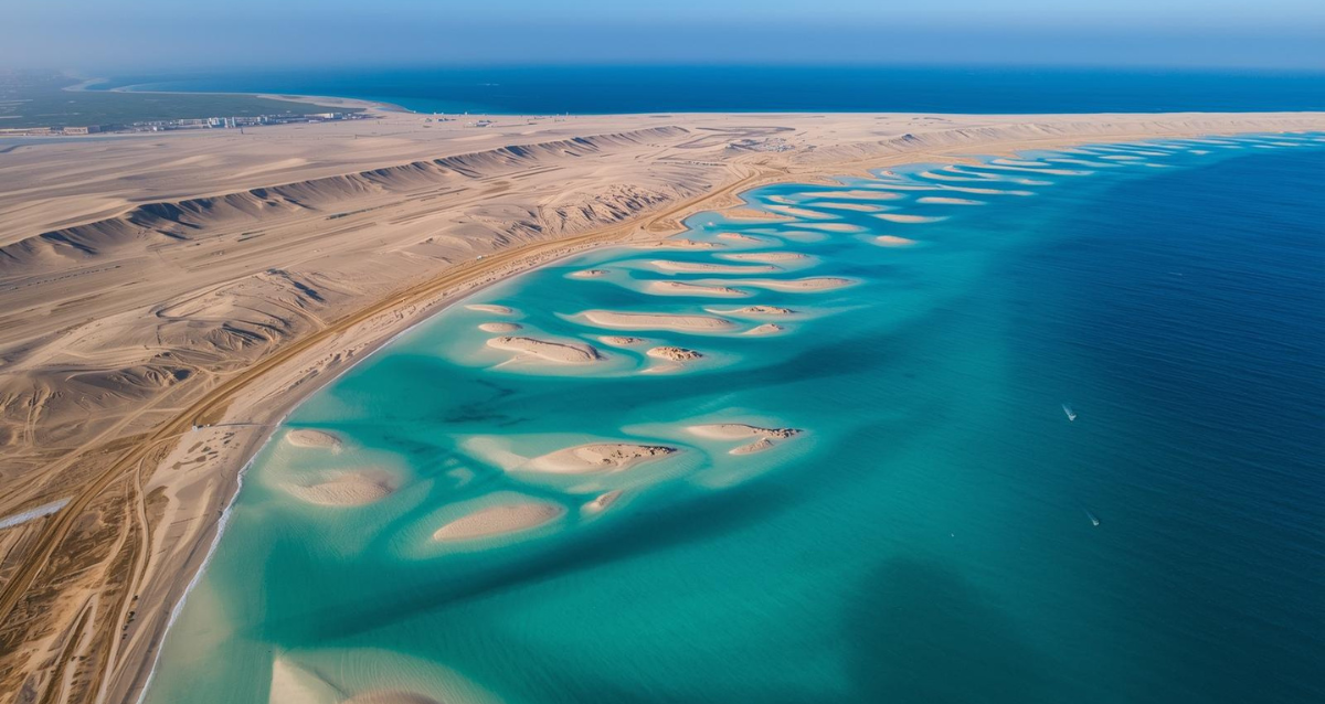Hurghada von oben – Türkise Lagunen & Wüstenküste Luftaufnahme von Lagunen und Sandinseln vor Hurghada im Roten Meer