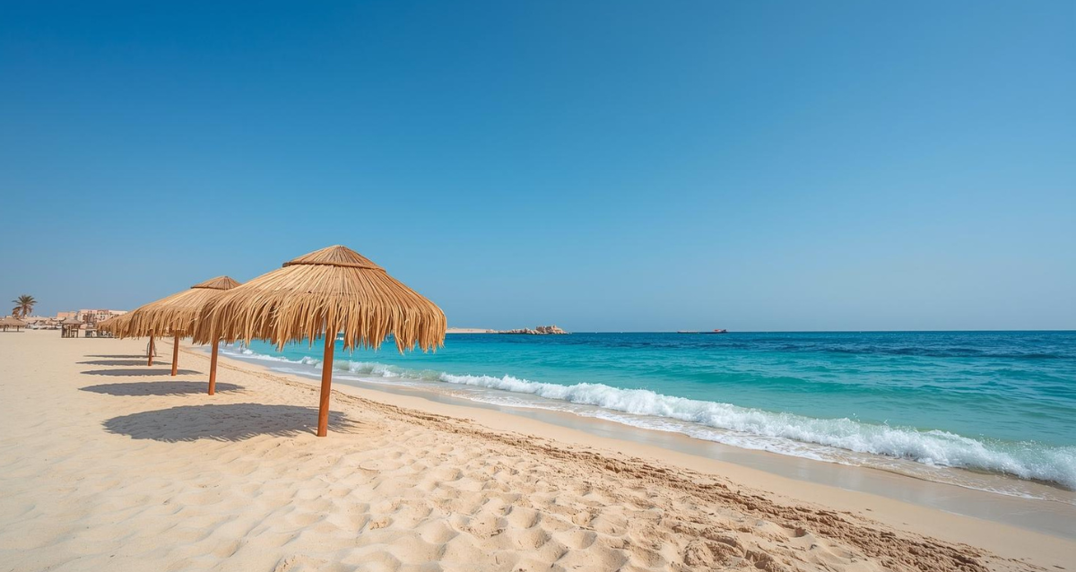 Hurghada Strand – Sonne & Entspannung am Roten Meer Hurghada Strand mit Strohdach-Sonnenschirmen und türkisblauem Roten Meer