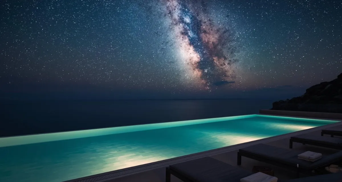 Premium All Inclusive Resort mit Infinity Pool unter Sternenhimmel Luxus All Inclusive Resort mit Infinity Pool bei Nacht und Sternenhimmel