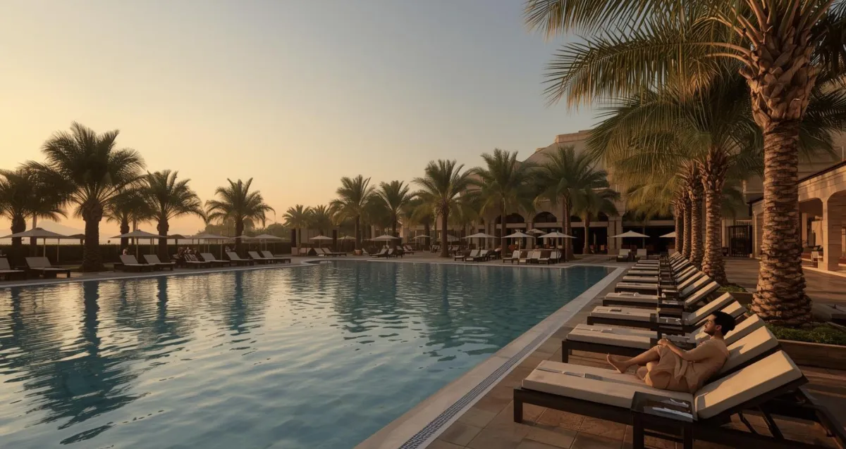 5 Sterne Luxus Resort 2026 – Poolanlage im Sonnenuntergang Luxus Resort mit Pool und Palmen bei Sonnenuntergang