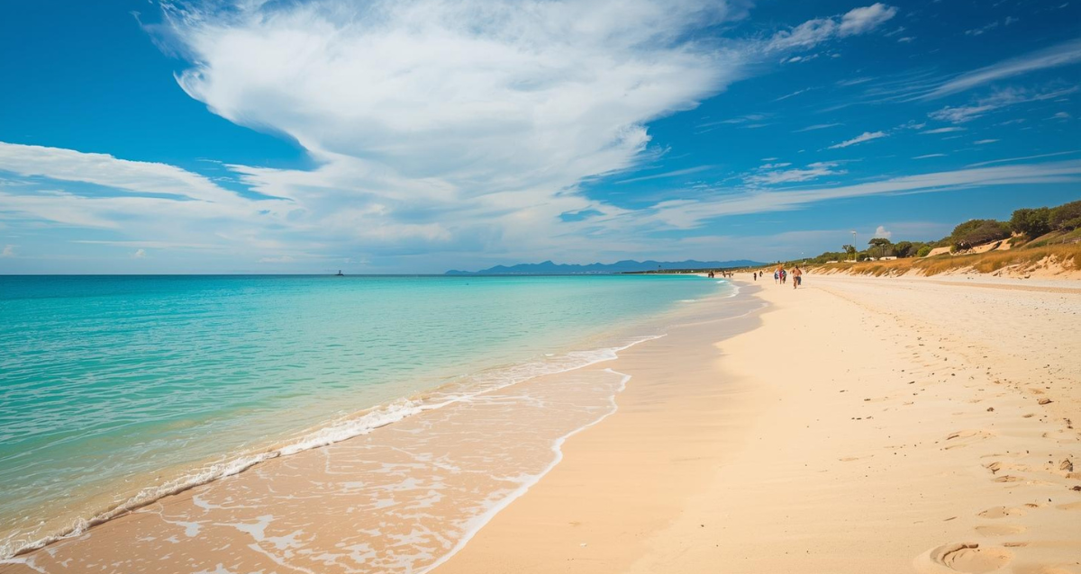 Weitläufiger Naturstrand auf Mallorca mit klarem Mittelmeer und Sommerhimmel