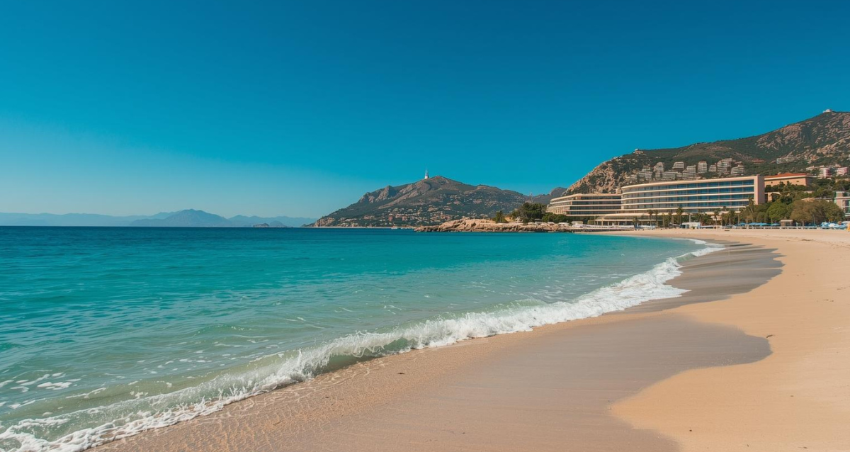 Mallorca Strand mit türkisblauem Meer und Hotelanlage im Hintergrund