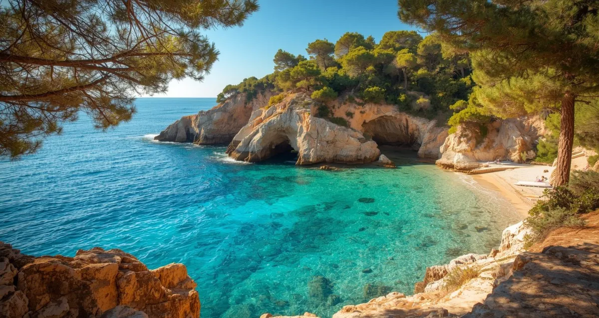 Mediterrane Bucht mit Pinien und türkisblauem Meer – Traumurlaub 2026