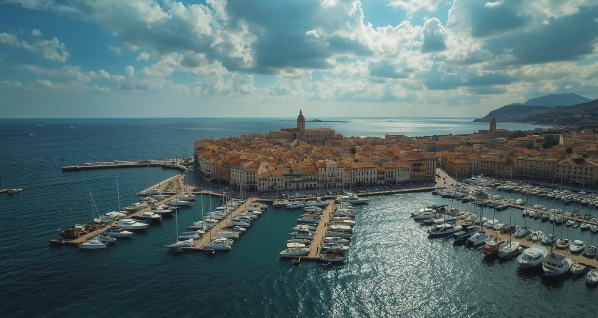 Luftaufnahme von Palma de Mallorca mit Hafen und Mittelmeer