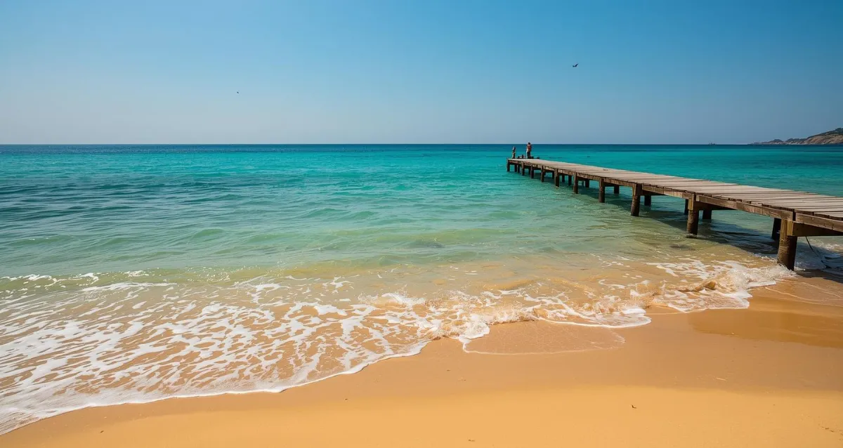 Sommerurlaub 2026 am Mittelmeer – Traumstrand mit Steg Goldener Sandstrand am Mittelmeer mit Steg und türkisfarbenem Wasser