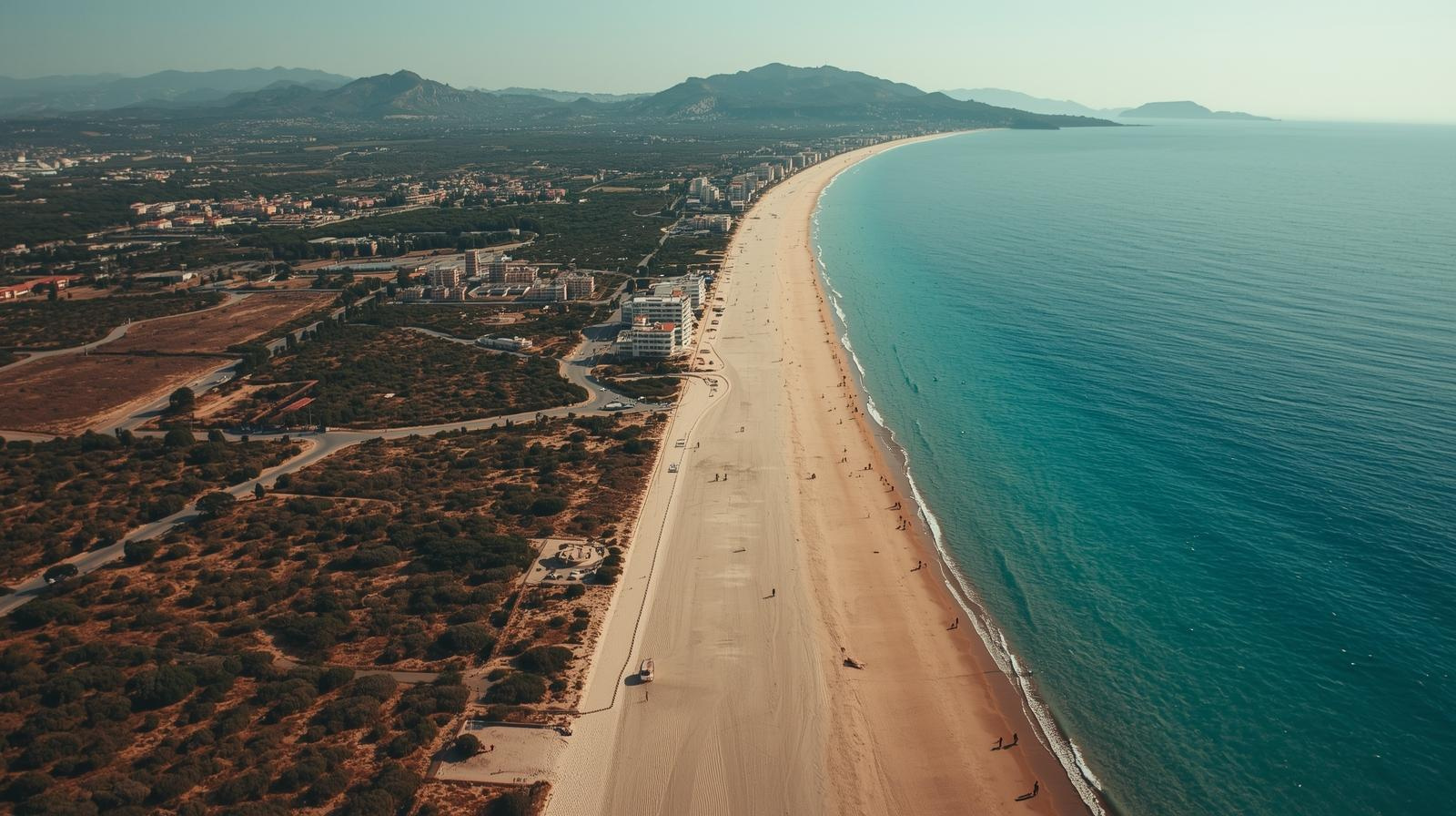 Luftaufnahme vom Oststrand in Side mit weiter Küstenlinie, klarem türkisfarbenem Wasser und naturbelassener Umgebung