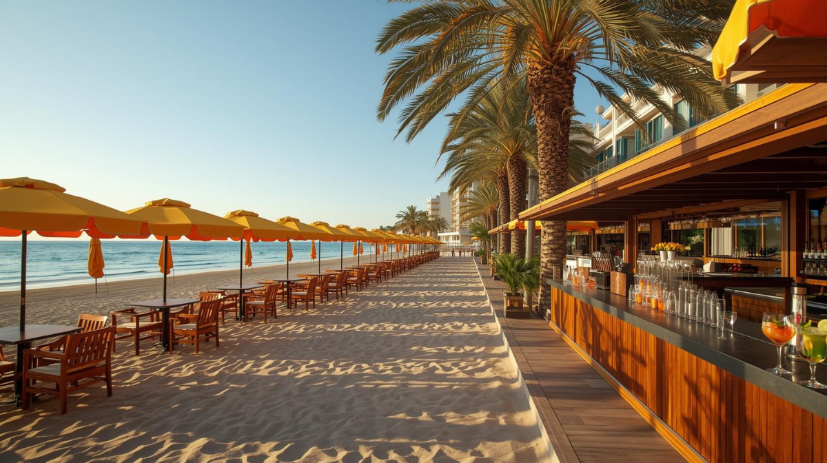 Weststrand von Side mit Beachbars, Sonnenschirmen und All Inclusive Hotels entlang der Promenade