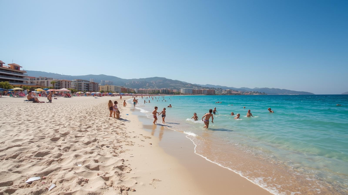 Familien am flach abfallenden Weststrand in Side, feiner Sandstrand und ruhiges türkisblaues Meer an der türkischen Riviera