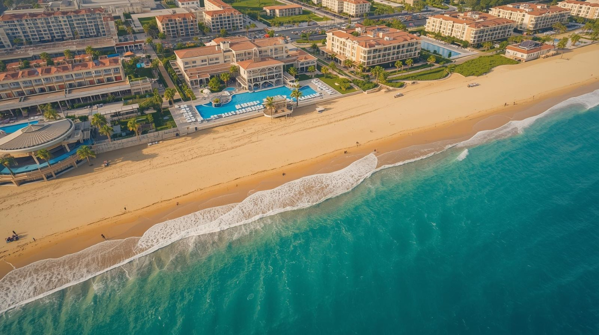Luftaufnahme vom Weststrand in Side mit breitem Sandstrand, türkisfarbenem Meer und großen Strandresorts