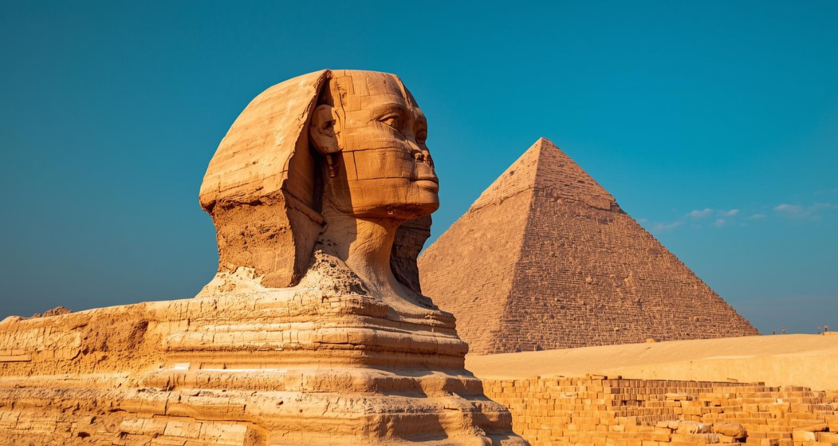 Sphinx von Gizeh mit Pyramide im Hintergrund als berühmte Ägypten Sehenswürdigkeit