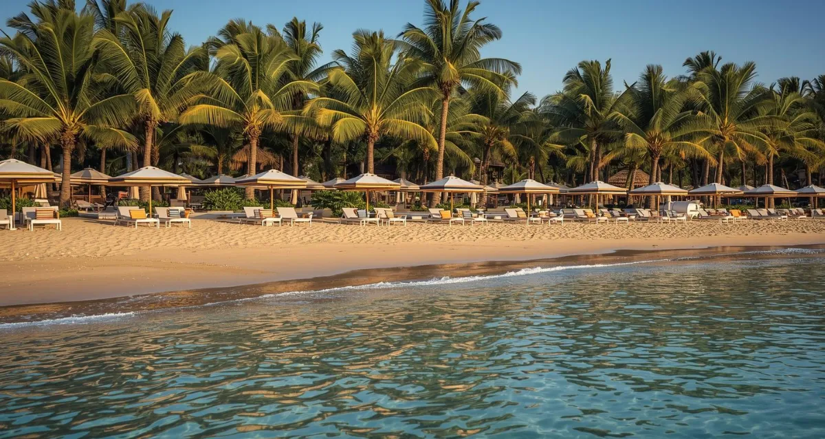 Tropischer Strand mit Palmen und Sonnenschirmen – Ab in den Urlaub 2026