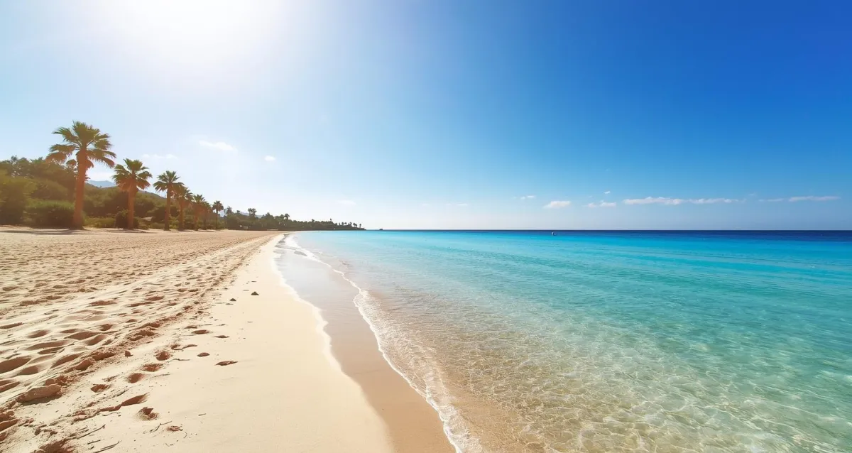 Weißer Sandstrand mit türkisfarbenem Meer und Bergen – Badeurlaub 2026