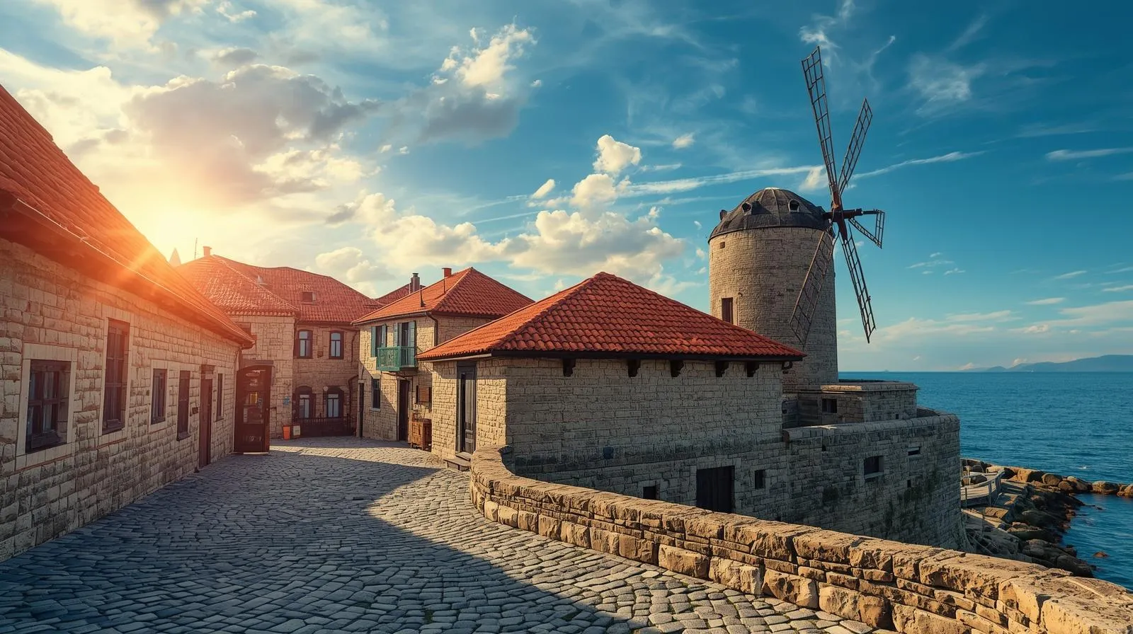 Altstadt von Nessebar nahe Bulgarien Sonnenstrand mit historischer Windmühle am Meer