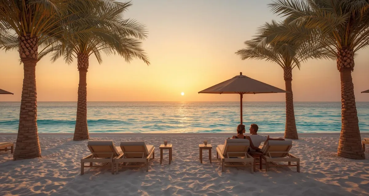Ruhiger Strand eines Erwachsenenhotels in Ägypten bei Sonnenuntergang
