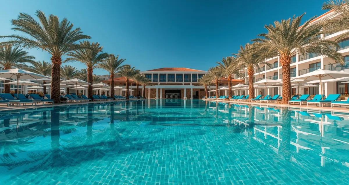 Moderner Hotelpool mit blauen Liegen und Palmen im Familienurlaub