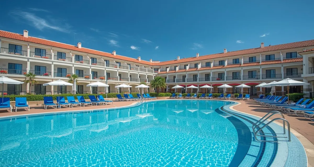 Familienhotel mit Pool und Sonnenliegen im Sommerurlaub