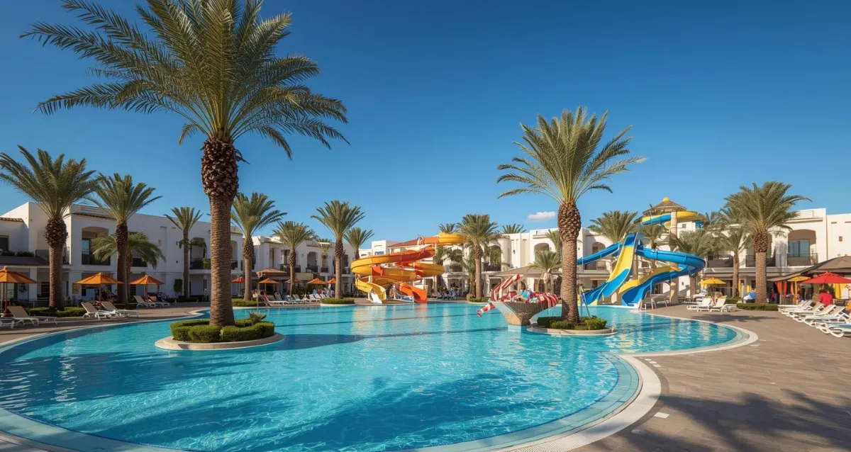 Familienresort mit Poollandschaft und Wasserrutschen im Sommerurlaub