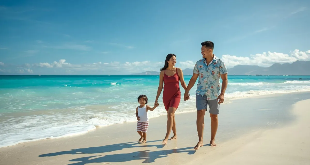 Familie mit zwei Kindern läuft fröhlich am Strand im Sommerurlaub