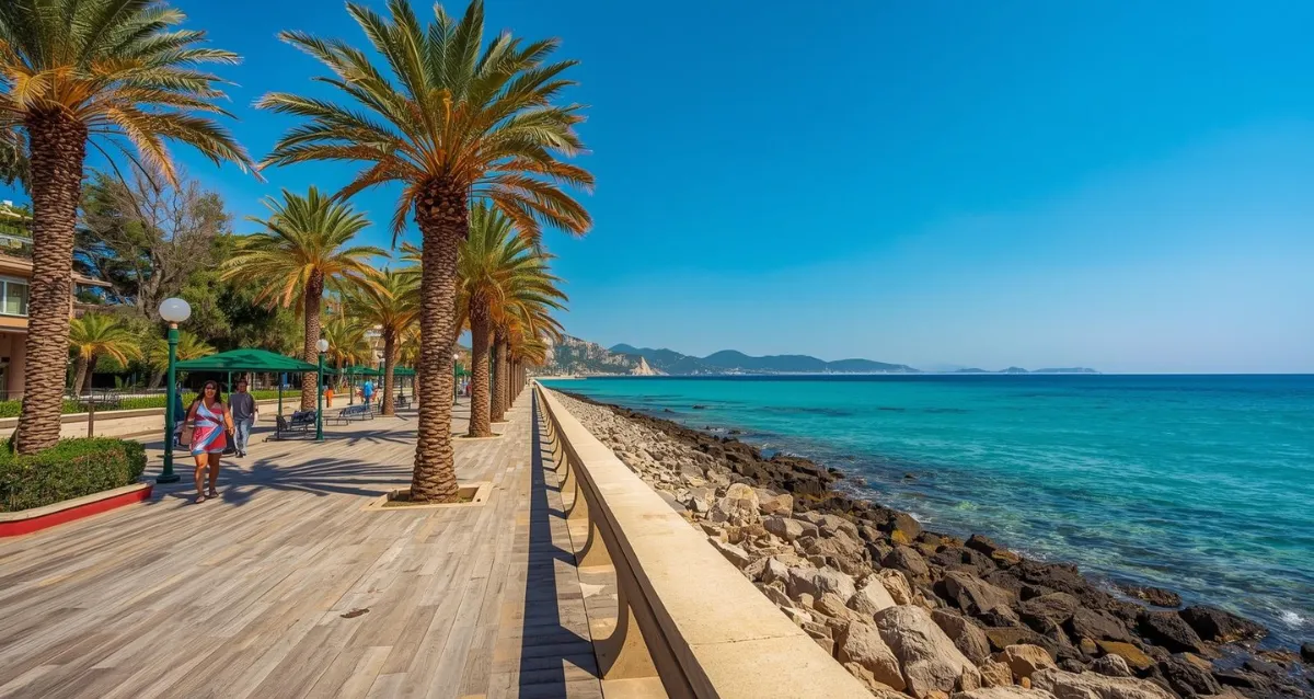Palmenpromenade am Meer mit türkisfarbenem Wasser im Sommerurlaub