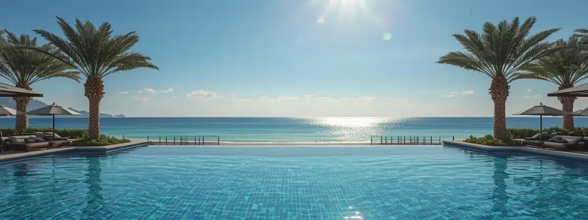 Reise-Geier Hero Bild mit Strand, Hotel und günstigen Urlaubsdeals