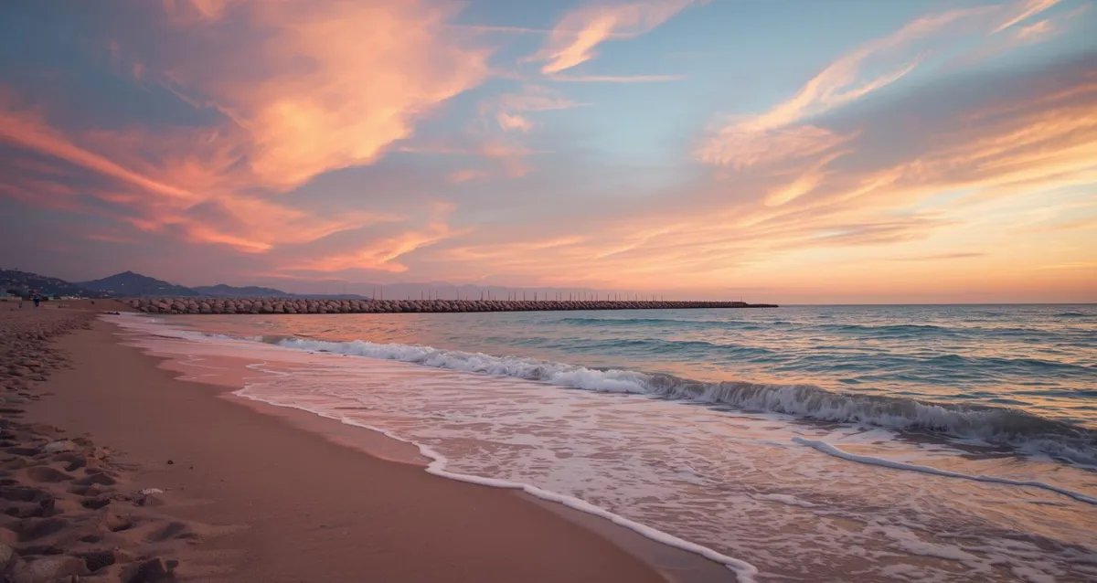 Mar Bella Strand Barcelona bei Sonnenuntergang mit Mittelmeer