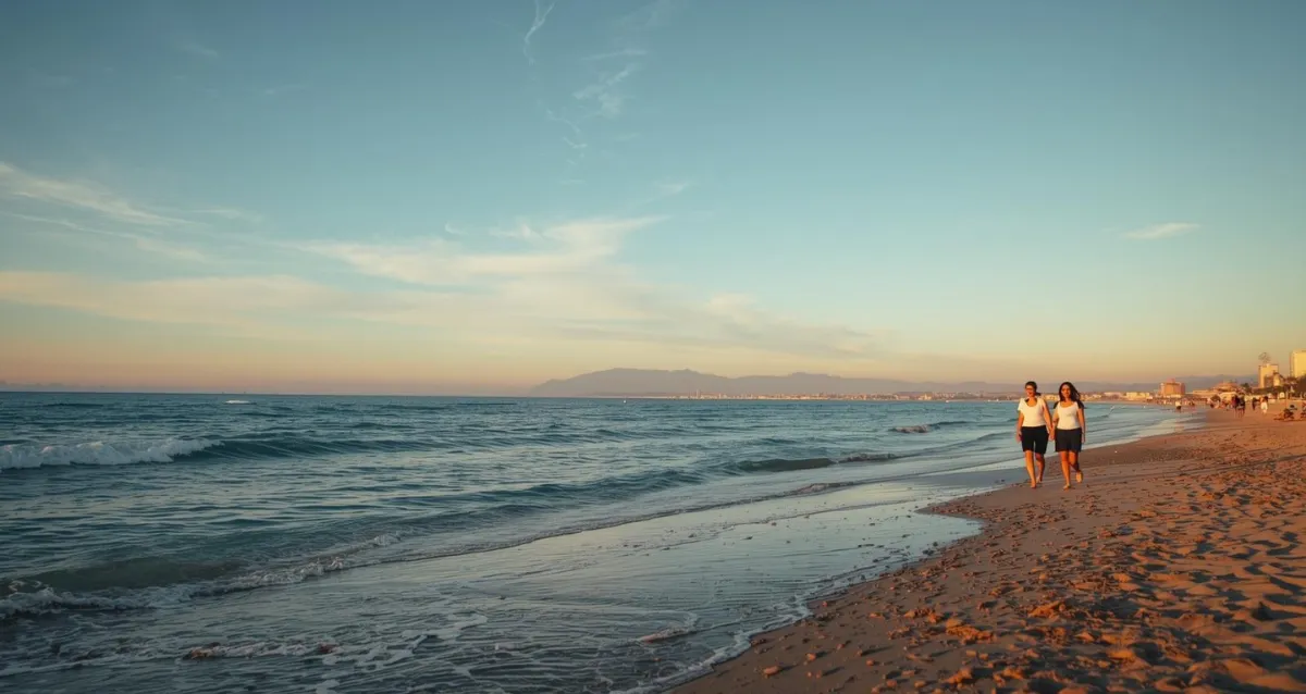 Nova Icaria Beach Barcelona bei Sonnenuntergang mit ruhigem Meer
