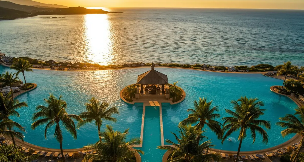 Große Resortanlage mit Lagunenpool und Palmen am Meer