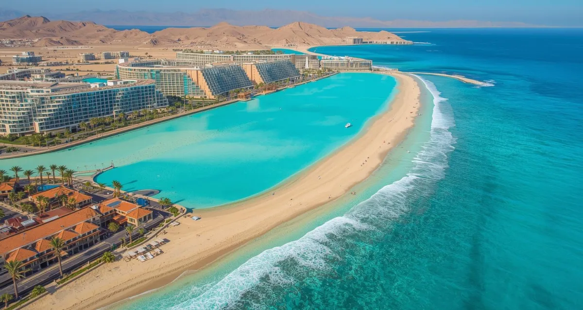 Luftaufnahme eines Resorts am Roten Meer mit türkisfarbenen Lagunen