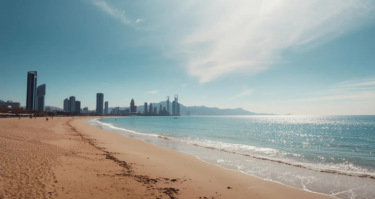 Panorama Sant Sebastià Strand Barcelona mit Skyline und Meer