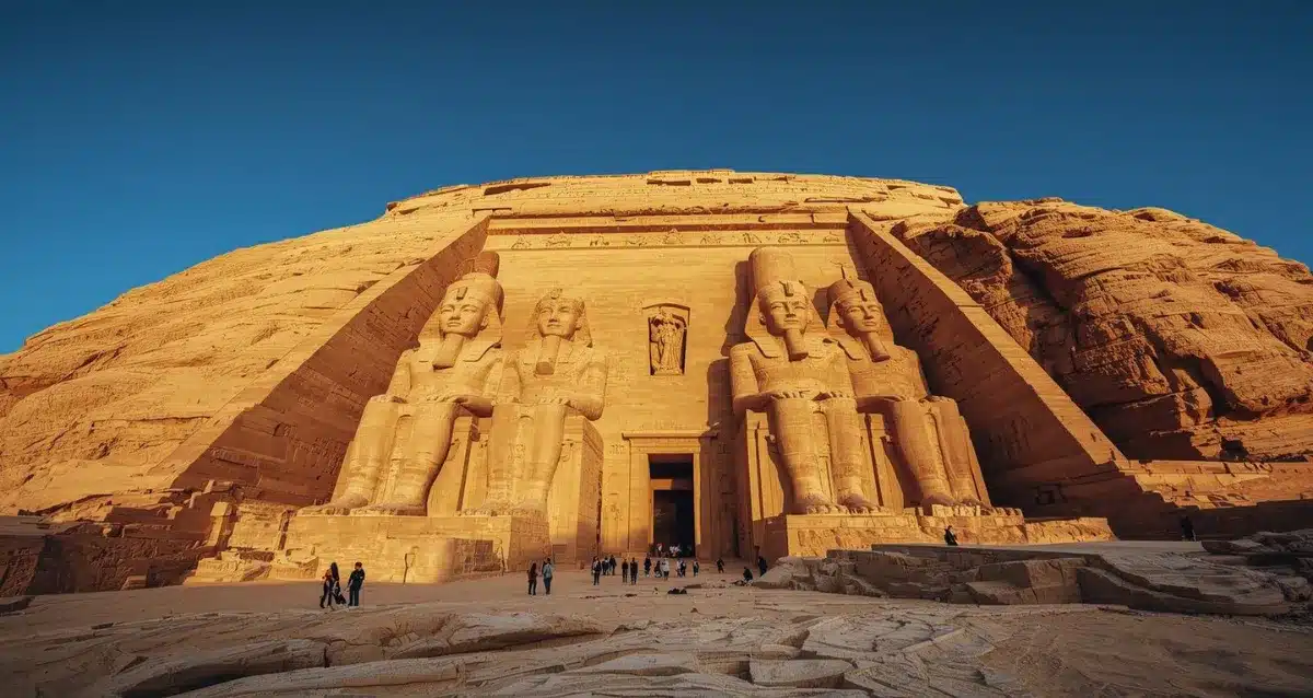 Abu Simbel Haupttempel mit Ramses-II.-Statuen Haupttempel von Abu Simbel mit den vier monumentalen Sitzstatuen von Ramses II. in Ägypten