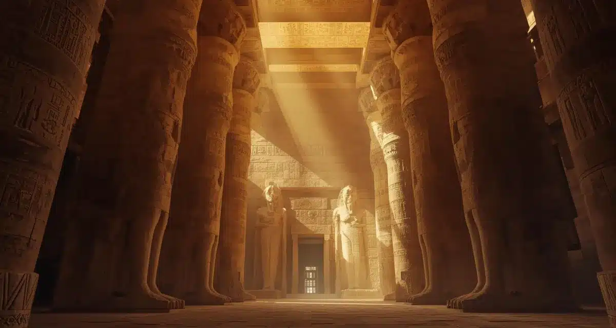 Innenansicht des Haupttempels von Abu Simbel Innenraum des Haupttempels von Abu Simbel mit Säulen, Reliefs und Heiligtum