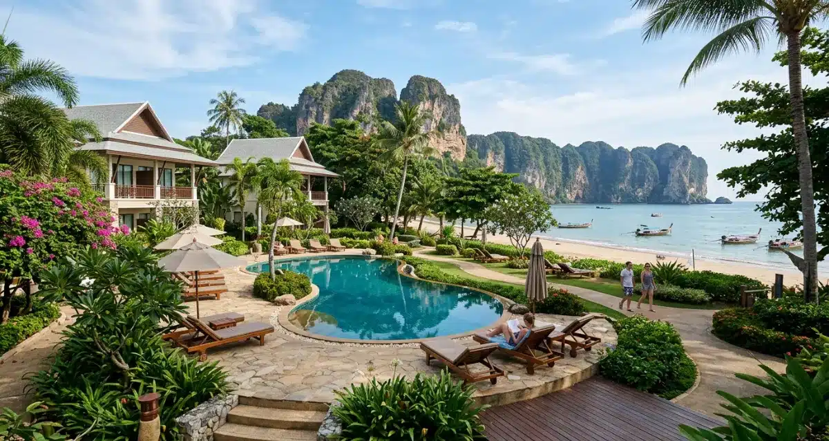 Aonang Villa Resort Krabi mit Pool, Strand und Kalksteinfelsen